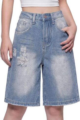 PATPAT Girls Jean Shorts 5-14Y Ripped Bermuda Jorts Y2K Baggy Straight Leg Denim Shorts with Elastic Waistband in Kuwait