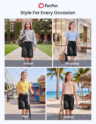 PATPAT Girls Jean Shorts 5-14Y Ripped Bermuda Jorts Y2K Baggy Straight Leg Denim Shorts with Elastic Waistband in Kuwait