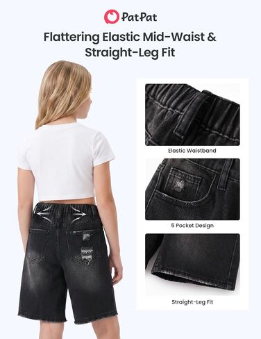 PATPAT Girls Jean Shorts 5-14Y Ripped Bermuda Jorts Y2K Baggy Straight Leg Denim Shorts with Elastic Waistband in Kuwait