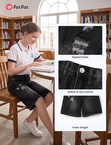 PATPAT Girls Jean Shorts 5-14Y Ripped Bermuda Jorts Y2K Baggy Straight Leg Denim Shorts with Elastic Waistband in Kuwait
