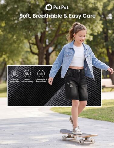 PATPAT Girls Jean Shorts 5-14Y Ripped Bermuda Jorts Y2K Baggy Straight Leg Denim Shorts with Elastic Waistband in Kuwait