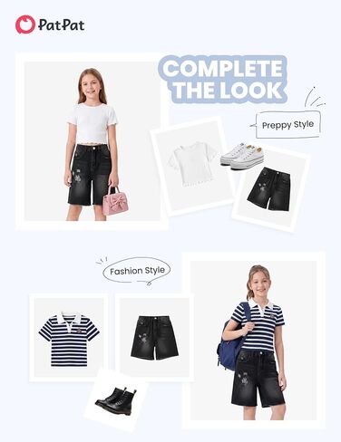 PATPAT Girls Jean Shorts 5-14Y Ripped Bermuda Jorts Y2K Baggy Straight Leg Denim Shorts with Elastic Waistband in Kuwait