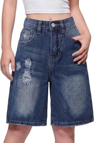 PATPAT Girls Jean Shorts 5-14Y Ripped Bermuda Jorts Y2K Baggy Straight Leg Denim Shorts with Elastic Waistband in Kuwait