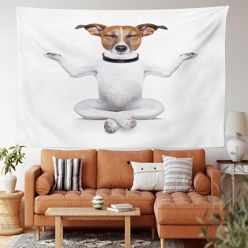 Lunarable Dog Lover Tapestry, Funny Yoga Puppy Sitting Relaxed in Lotus Position Closed Eyes Meditation Fitness Print, Fabric Wall Hanging Decor for Bedroom Living Room Dorm, 28" X 23", White Brown in Kuwait