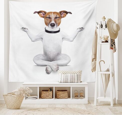 Lunarable Dog Lover Tapestry, Funny Yoga Puppy Sitting Relaxed in Lotus Position Closed Eyes Meditation Fitness Print, Fabric Wall Hanging Decor for Bedroom Living Room Dorm, 28" X 23", White Brown in Kuwait