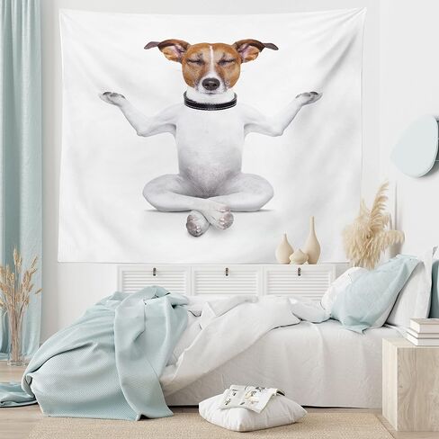 Lunarable Dog Lover Tapestry, Funny Yoga Puppy Sitting Relaxed in Lotus Position Closed Eyes Meditation Fitness Print, Fabric Wall Hanging Decor for Bedroom Living Room Dorm, 28" X 23", White Brown in Kuwait