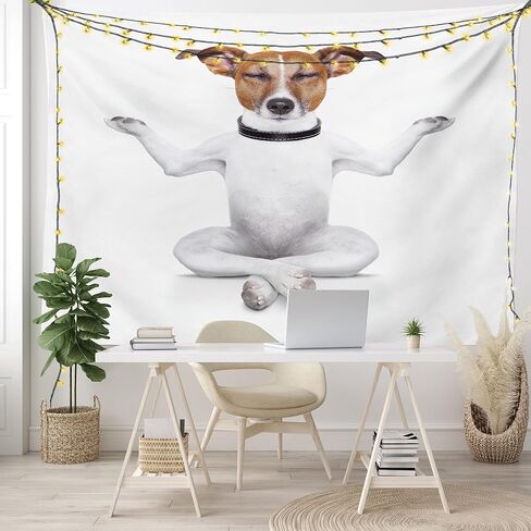 Lunarable Dog Lover Tapestry, Funny Yoga Puppy Sitting Relaxed in Lotus Position Closed Eyes Meditation Fitness Print, Fabric Wall Hanging Decor for Bedroom Living Room Dorm, 28" X 23", White Brown in Kuwait
