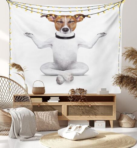 Lunarable Dog Lover Tapestry, Funny Yoga Puppy Sitting Relaxed in Lotus Position Closed Eyes Meditation Fitness Print, Fabric Wall Hanging Decor for Bedroom Living Room Dorm, 28" X 23", White Brown in Kuwait