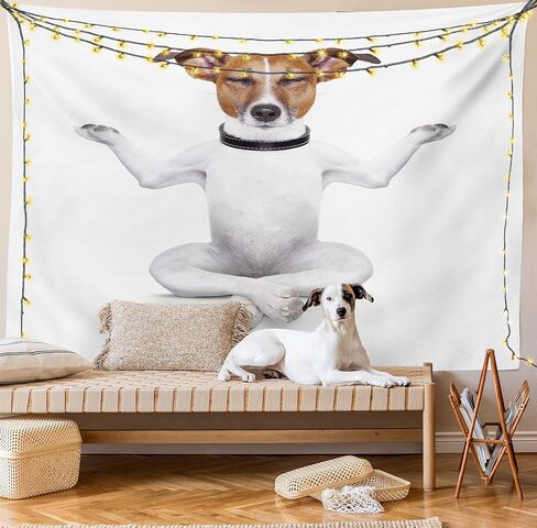 Lunarable Dog Lover Tapestry, Funny Yoga Puppy Sitting Relaxed in Lotus Position Closed Eyes Meditation Fitness Print, Fabric Wall Hanging Decor for Bedroom Living Room Dorm, 28" X 23", White Brown in Kuwait