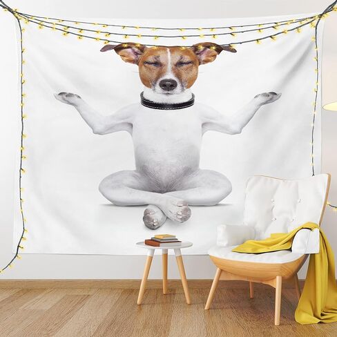 Lunarable Dog Lover Tapestry, Funny Yoga Puppy Sitting Relaxed in Lotus Position Closed Eyes Meditation Fitness Print, Fabric Wall Hanging Decor for Bedroom Living Room Dorm, 28" X 23", White Brown in Kuwait
