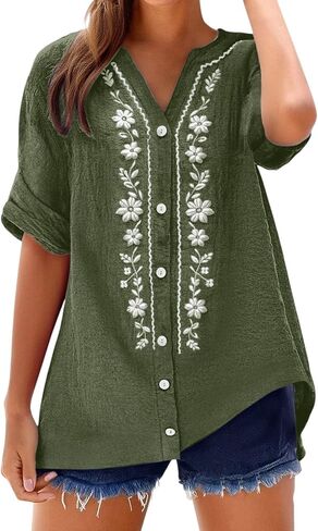 Embroidered Linen Shirts for Women - 3/4 Sleeve Gauze Shirt Button Down V Neck Boho Blouse Dresy Casual Summer Clothes in Saudi Arabia