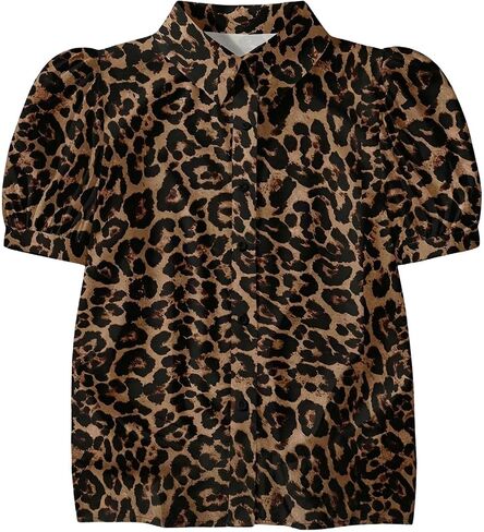 SOLY HUX Women's Leopard Button Down Shirt Puff Short Sleeve Collared Summer Vacation Blouse Tops in Kuwait