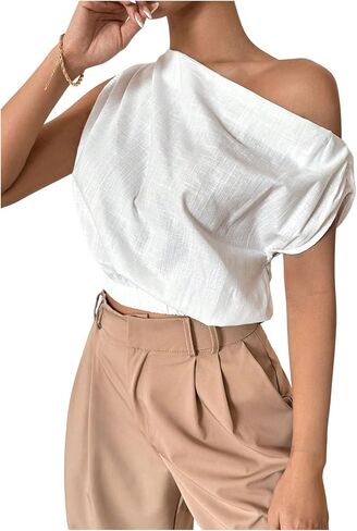 SHENHE Women's Off The Shoulder Crop Top Blouse Elastic Cinched Waist Banded Hem Dressy Top in Kuwait