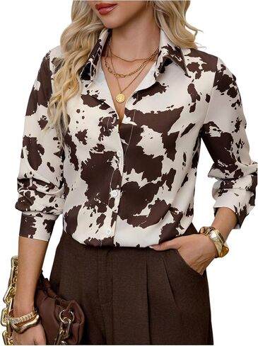 WDIRARA Women's Cow Print Button Down Shirts Long Sleeve Collared Blouse Work Dressy Tops in Kuwait