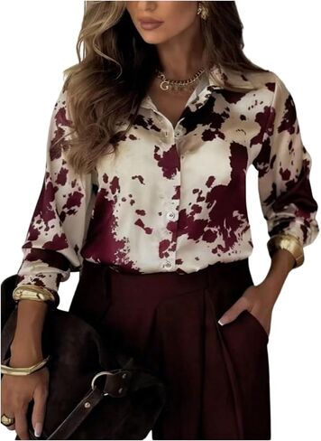WDIRARA Women's Cow Print Button Down Shirts Long Sleeve Collared Blouse Work Dressy Tops in Kuwait
