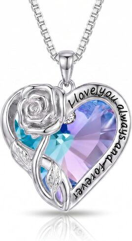 OCJ Birthstone Necklace for Women 925 Sterling Silver Rose Flower Heart Crystal Pendant Necklaces Fine Jewelry Anniversary Birthday Gift for Her Wife Girlfriend Mom Daughter in Saudi Arabia