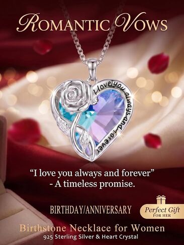 OCJ Birthstone Necklace for Women 925 Sterling Silver Rose Flower Heart Crystal Pendant Necklaces Fine Jewelry Anniversary Birthday Gift for Her Wife Girlfriend Mom Daughter in Saudi Arabia
