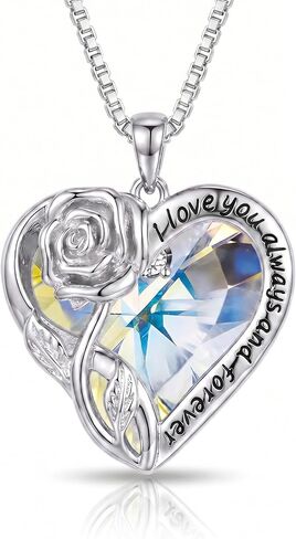 OCJ Birthstone Necklace for Women 925 Sterling Silver Rose Flower Heart Crystal Pendant Necklaces Fine Jewelry Anniversary Birthday Gift for Her Wife Girlfriend Mom Daughter in Kuwait