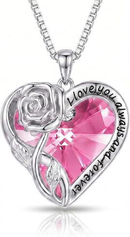 OCJ Birthstone Necklace for Women 925 Sterling Silver Rose Flower Heart Crystal Pendant Necklaces Fine Jewelry Anniversary Birthday Gift for Her Wife Girlfriend Mom Daughter in Saudi Arabia