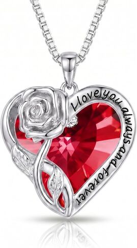 OCJ Birthstone Necklace for Women 925 Sterling Silver Rose Flower Heart Crystal Pendant Necklaces Fine Jewelry Anniversary Birthday Gift for Her Wife Girlfriend Mom Daughter in Saudi Arabia