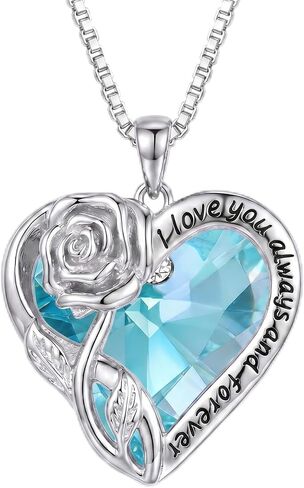 OCJ Birthstone Necklace for Women 925 Sterling Silver Rose Flower Heart Crystal Pendant Necklaces Fine Jewelry Anniversary Birthday Gift for Her Wife Girlfriend Mom Daughter in Saudi Arabia