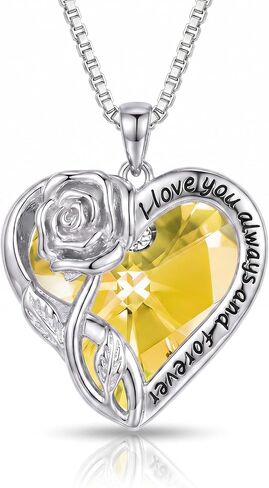 OCJ Birthstone Necklace for Women 925 Sterling Silver Rose Flower Heart Crystal Pendant Necklaces Fine Jewelry Anniversary Birthday Gift for Her Wife Girlfriend Mom Daughter in Saudi Arabia