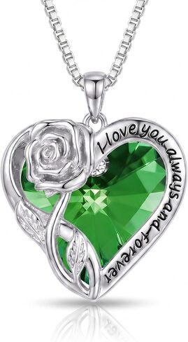 OCJ Birthstone Necklace for Women 925 Sterling Silver Rose Flower Heart Crystal Pendant Necklaces Fine Jewelry Anniversary Birthday Gift for Her Wife Girlfriend Mom Daughter in Saudi Arabia