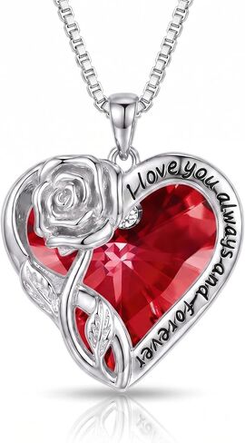 OCJ Birthstone Necklace for Women 925 Sterling Silver Rose Flower Heart Crystal Pendant Necklaces Fine Jewelry Anniversary Birthday Gift for Her Wife Girlfriend Mom Daughter in Saudi Arabia