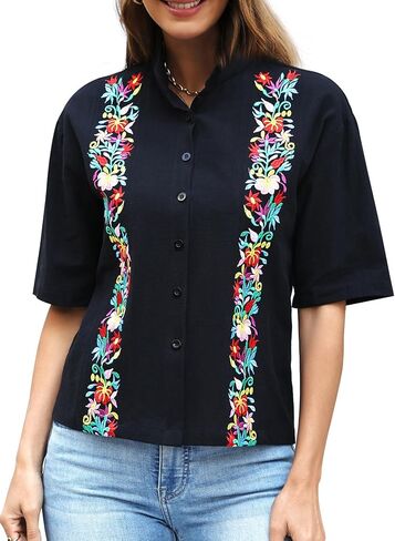 Mexican Guayabera Shirts for Women Embroidered Traditional Cinco de Mayo Fiesta Mandarin Collar Button Up Short Sleeve in Saudi Arabia