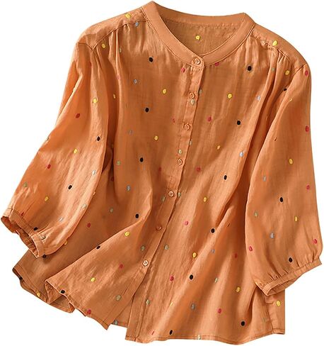 Women's Summer Front Button Embroidery Crew Neck 3/4 Sleeve Loose Fit Tops in Saudi Arabia