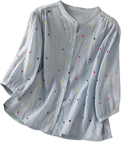 Women's Summer Front Button Embroidery Crew Neck 3/4 Sleeve Loose Fit Tops in Kuwait