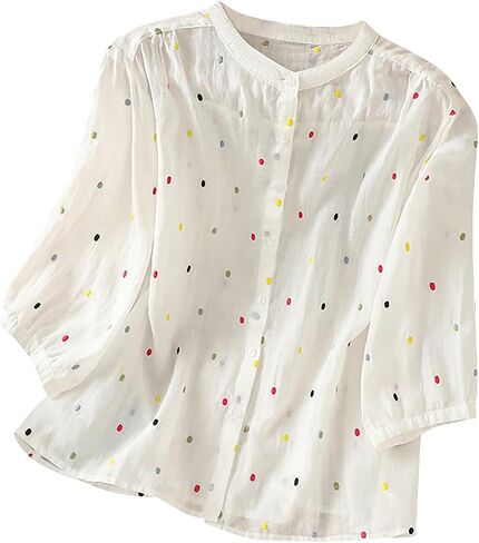 Women's Summer Front Button Embroidery Crew Neck 3/4 Sleeve Loose Fit Tops in Kuwait