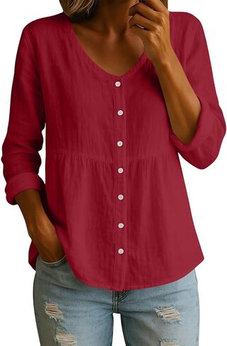 Linen Tops for Women 2026 Cotton Long Sleeve V-Neck Peplum Blouse Button-Down Casual Top Loose Fit Babydoll Shirt in Saudi Arabia