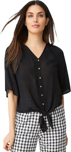 ellos Plus Size V-Neck Crinkle Tie-Front Elbow-Sleeve Blouse in Saudi Arabia