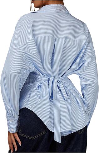 SOLY HUX Women's Striped Button Down Shirt Long Sleeve Collared Tie Back Cinched Waist Top Casual Work Blouse in Kuwait
