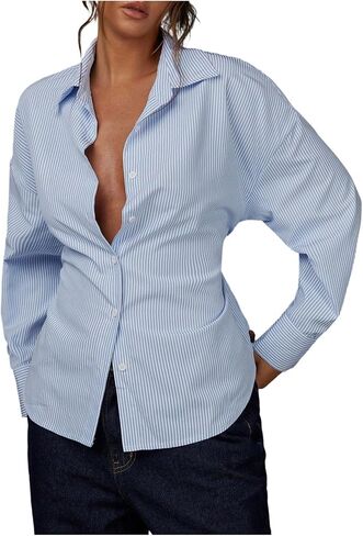 SOLY HUX Women's Striped Button Down Shirt Long Sleeve Collared Tie Back Cinched Waist Top Casual Work Blouse in Kuwait