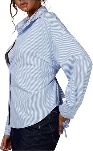 SOLY HUX Women's Striped Button Down Shirt Long Sleeve Collared Tie Back Cinched Waist Top Casual Work Blouse in Kuwait