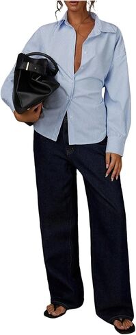 SOLY HUX Women's Striped Button Down Shirt Long Sleeve Collared Tie Back Cinched Waist Top Casual Work Blouse in Kuwait