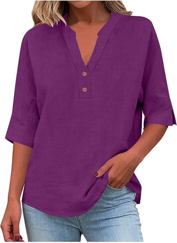 Cute Summer Tops for Women Casual Cotton Linen Shirts V Neck Button Down Blouse Beach Vacation Tees Trendy Clothes in Saudi Arabia