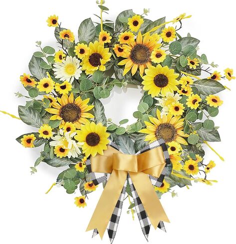 Sunflower Wreaths for Front Door, 20 inch Yellow Spring and Summer Door Wreath with Daisy and Linen Ribbon All Year Green Decor for Home Party Festival Wedding in Saudi Arabia