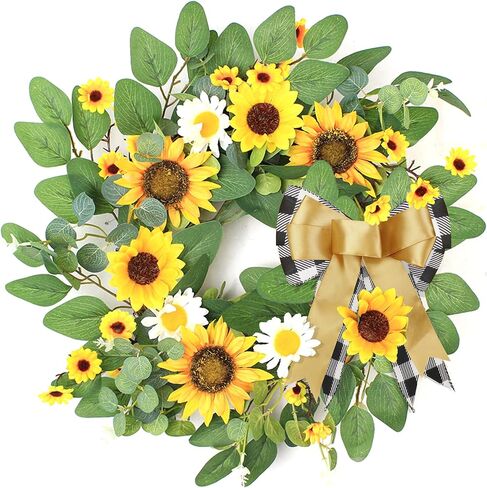 Sunflower Wreaths for Front Door, 20 inch Yellow Spring and Summer Door Wreath with Daisy and Linen Ribbon All Year Green Decor for Home Party Festival Wedding in Saudi Arabia