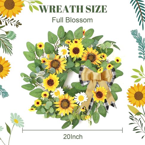 Sunflower Wreaths for Front Door, 20 inch Yellow Spring and Summer Door Wreath with Daisy and Linen Ribbon All Year Green Decor for Home Party Festival Wedding in Saudi Arabia