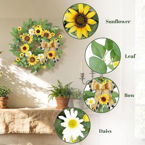 Sunflower Wreaths for Front Door, 20 inch Yellow Spring and Summer Door Wreath with Daisy and Linen Ribbon All Year Green Decor for Home Party Festival Wedding in Saudi Arabia