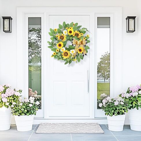 Sunflower Wreaths for Front Door, 20 inch Yellow Spring and Summer Door Wreath with Daisy and Linen Ribbon All Year Green Decor for Home Party Festival Wedding in Saudi Arabia