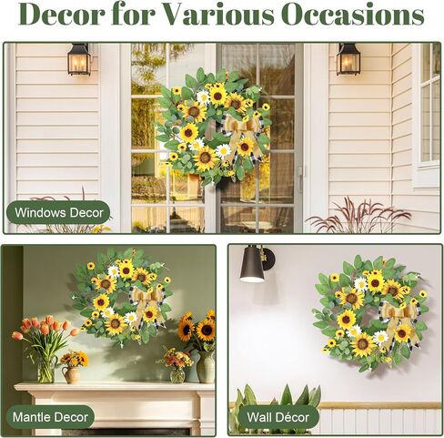 Sunflower Wreaths for Front Door, 20 inch Yellow Spring and Summer Door Wreath with Daisy and Linen Ribbon All Year Green Decor for Home Party Festival Wedding in Saudi Arabia