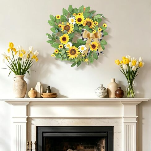 Sunflower Wreaths for Front Door, 20 inch Yellow Spring and Summer Door Wreath with Daisy and Linen Ribbon All Year Green Decor for Home Party Festival Wedding in Saudi Arabia