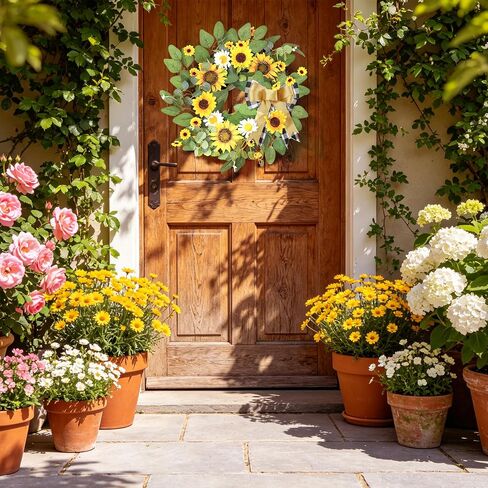 Sunflower Wreaths for Front Door, 20 inch Yellow Spring and Summer Door Wreath with Daisy and Linen Ribbon All Year Green Decor for Home Party Festival Wedding in Saudi Arabia