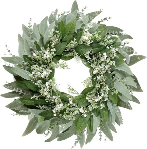 24" Eucalyptus and Babys Breath Wreath for Front Door,Artificial Greenery Summer Wreath for Festival Farmhouse Porch Wall Home Indoor Outdoor Décor in Saudi Arabia