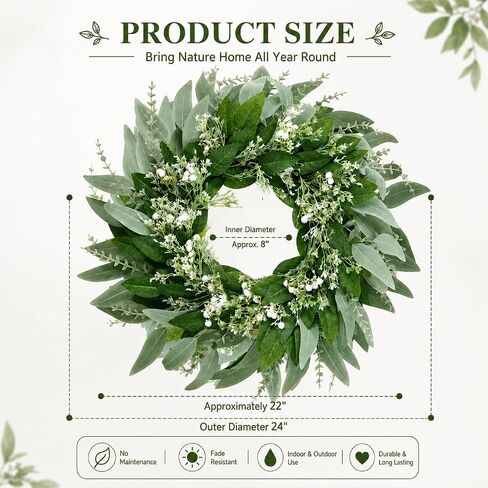 24" Eucalyptus and Babys Breath Wreath for Front Door,Artificial Greenery Summer Wreath for Festival Farmhouse Porch Wall Home Indoor Outdoor Décor in Saudi Arabia