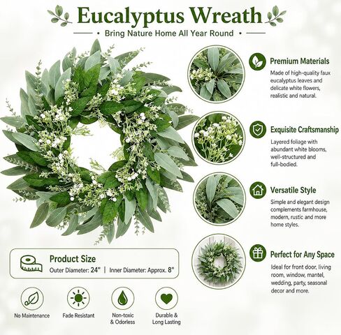 24" Eucalyptus and Babys Breath Wreath for Front Door,Artificial Greenery Summer Wreath for Festival Farmhouse Porch Wall Home Indoor Outdoor Décor in Saudi Arabia